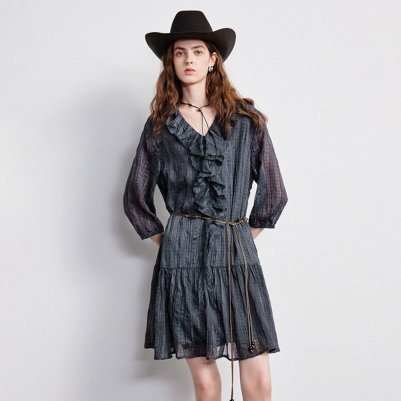 Vestido Boho Curto Xadrez Manga 3/4