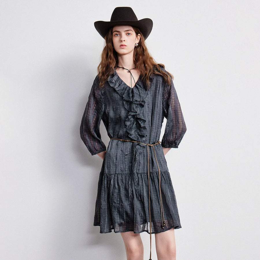 Vestido Boho Curto Xadrez Manga 3/4