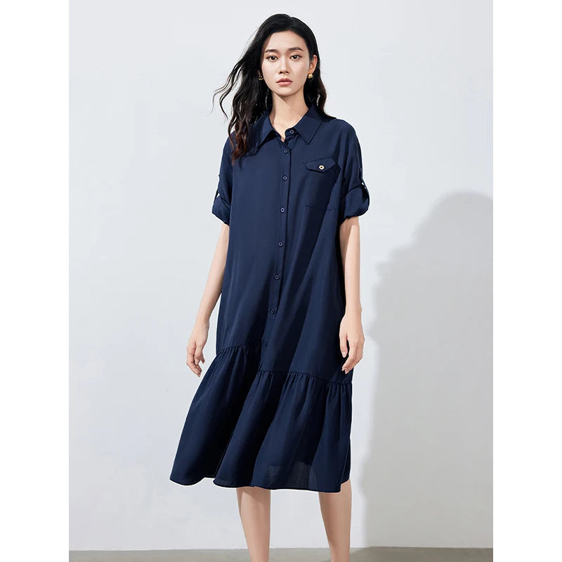 Vestido Chemise Curto em Liocel com Bolsos