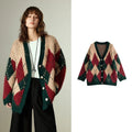 Cardigan Feminino de Tricô Argyle Nórdico com Decote V True Red