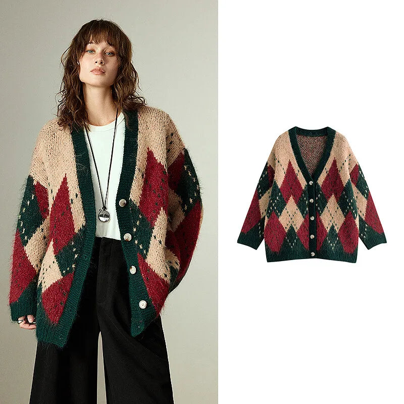 Cardigan Feminino de Tricô Argyle Nórdico com Decote V True Red