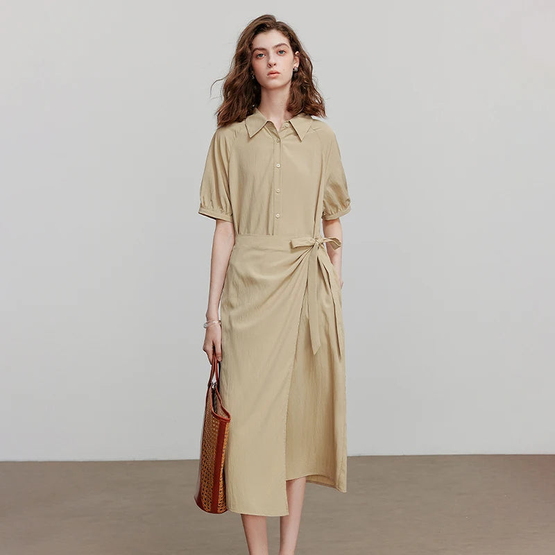 Vestido Chemise Midi Solto com Bolsos
