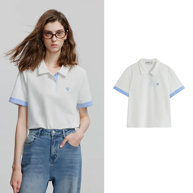 Camiseta Polo Feminina Listrada Color Block em Piquet