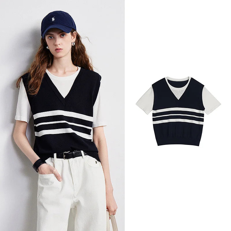 Blusa Feminina de Linho Listrada Patchwork Efeito Duas Peças