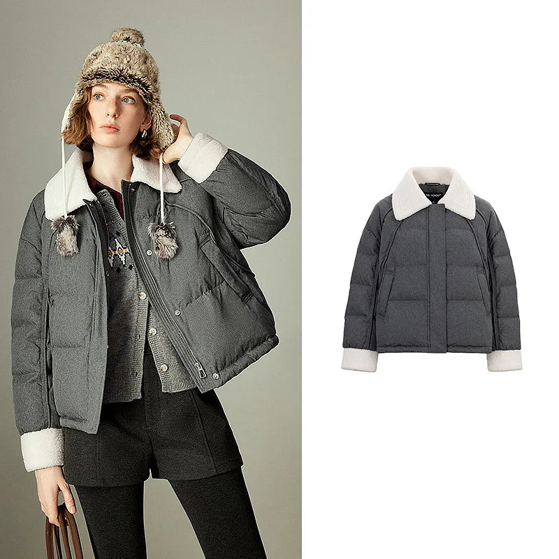 Jaqueta Puffer Feminina 90% Plumas com Recortes Coloridos Gray
