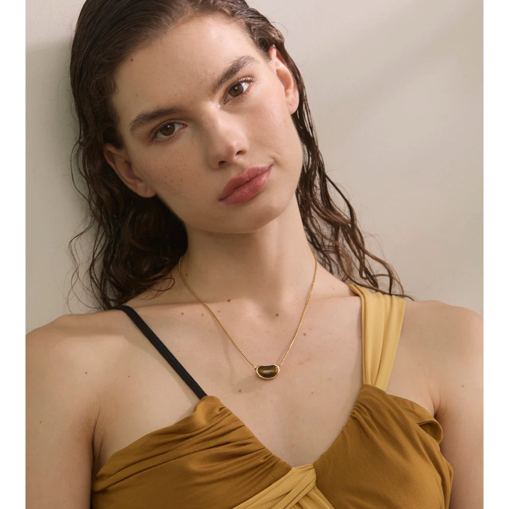 Yhpup Natural Tiger Stone Oval Pendant Necklace ( chain crossing pendant ) Stainless Steel Collar Jewelry Waterproof Wholesale
