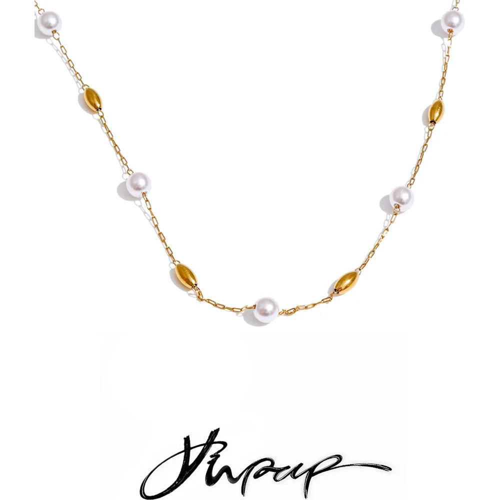 Yhpup Fashion Stainless Steel Simulated Pearls Bead Chain Necklace Tarnish Resistant 18K Golden Plated Collar Chic Neck Jewelry