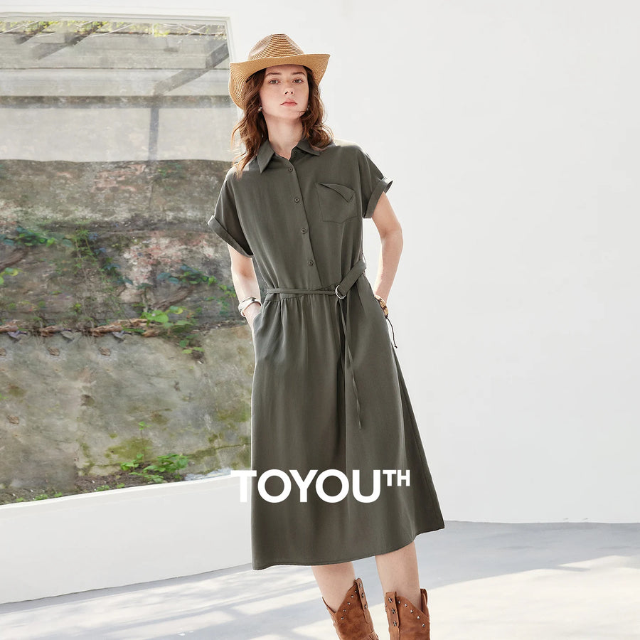 Vestido Chemise Midi em Liocel com Bolsos