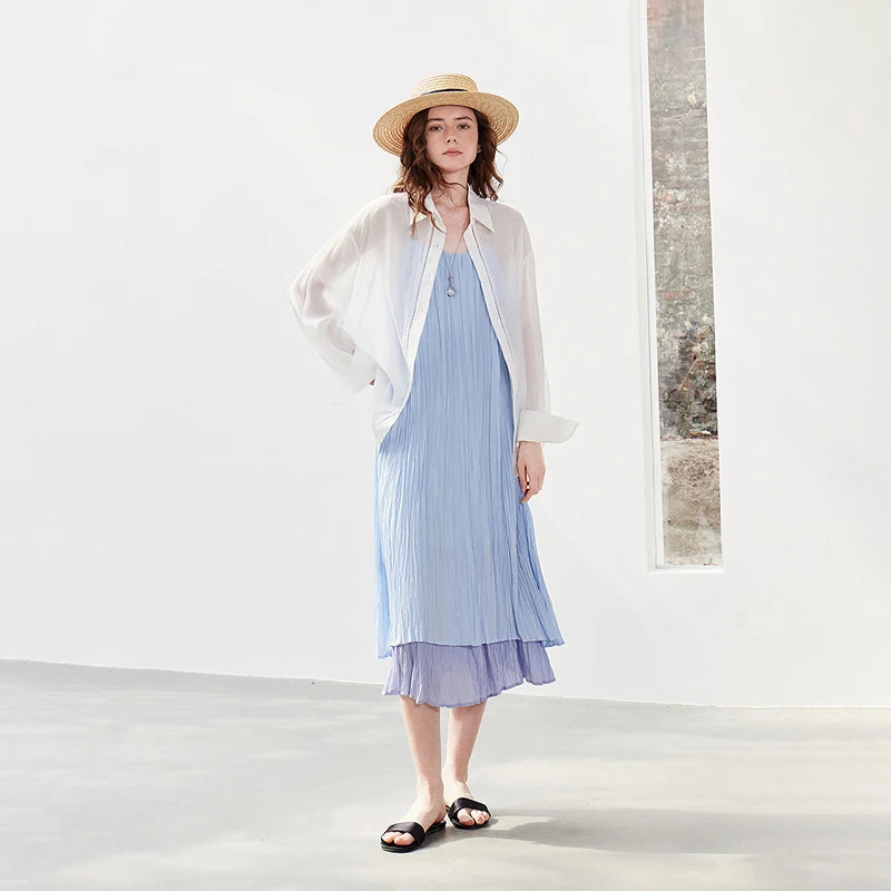 Vestido Midi Azul Claro com Babados