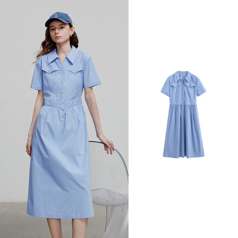 Vestido Midi Listrado com Bolsos