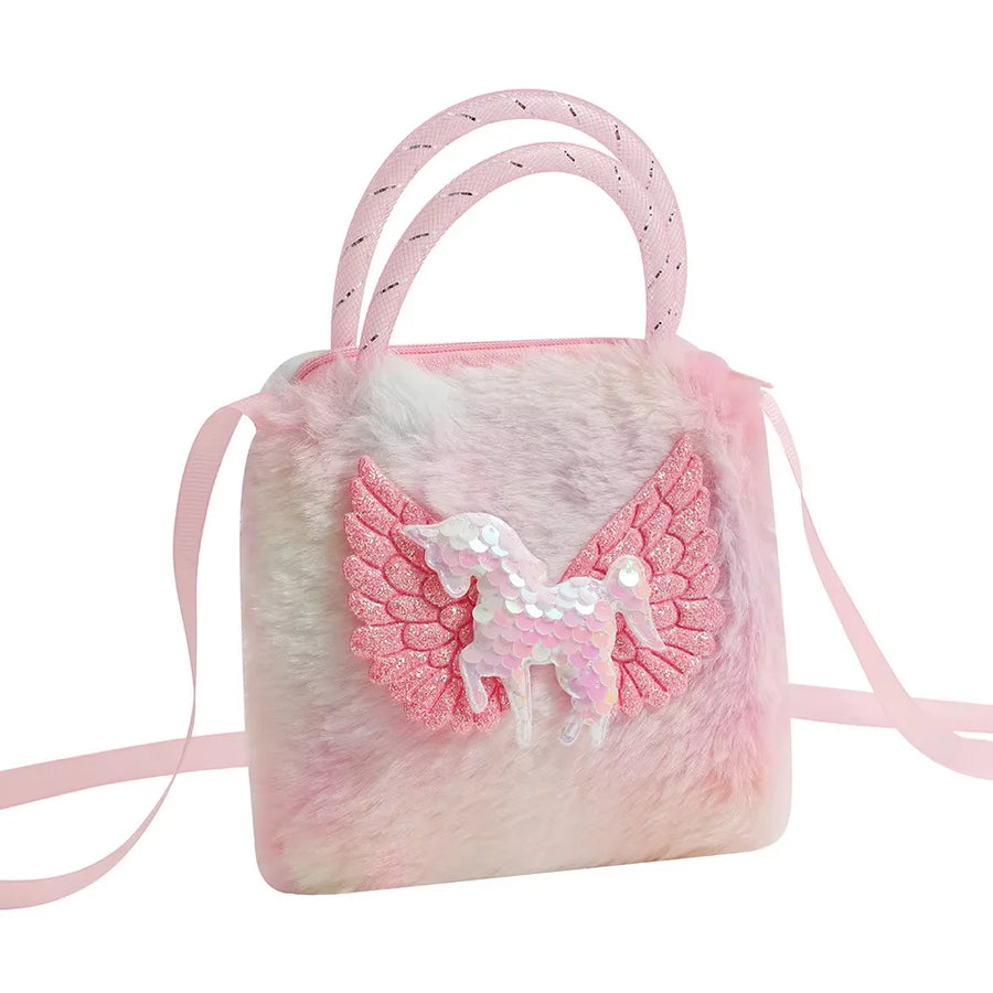 Pequena Bolsa Infantil Unicórdio Super Fofa de Pelúcia Rosa