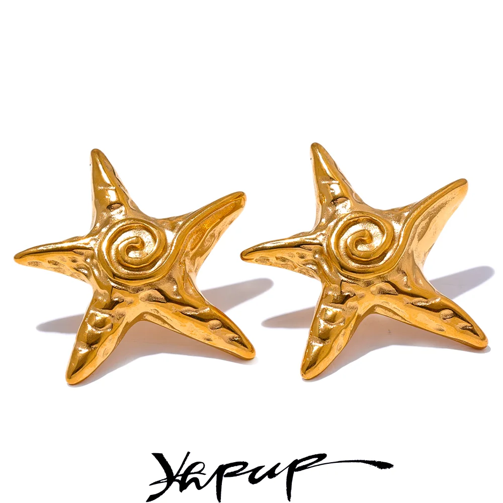 Yhpup Fashion Stainless Steel Star Golden Stud Earrings Rust Proof 18K PVD Plated Metal Popular Jewelry for Women Bijoux