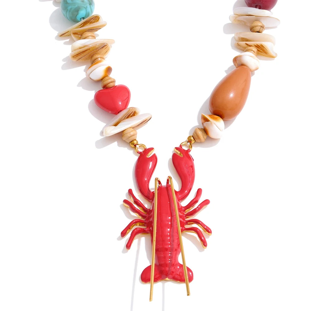 Yhpup Attractive Unique Ocean Shell Stone Handmade Lobster Crayfish Pendant Necklace Summer Charm Collar Statement PVD Jewelry YH3443A