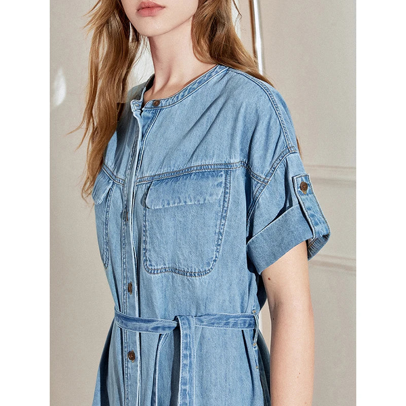 Vestido Jeans Midi Manga Curta com Amarração