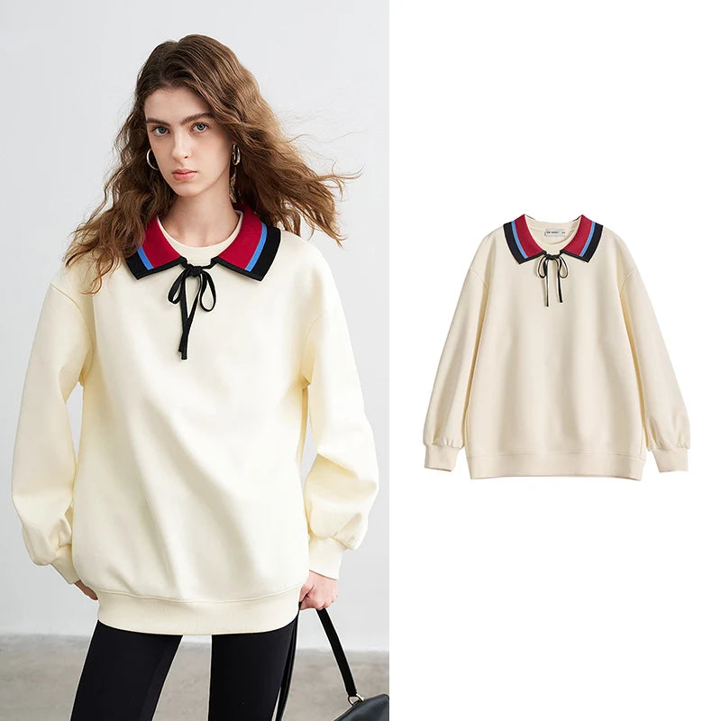 Moletom Feminino Listrado com Gola Polo e Caimento Solto