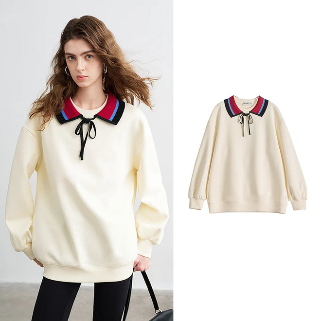 Moletom Feminino Listrado com Gola Polo e Caimento Solto