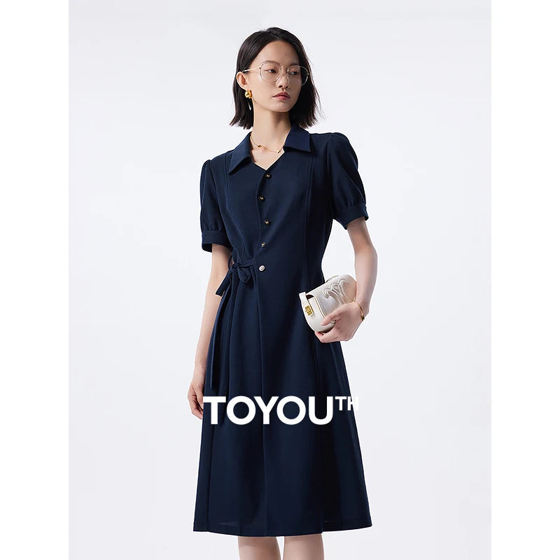 Vestido Chemise Midi Azul-Marinho com Cinto