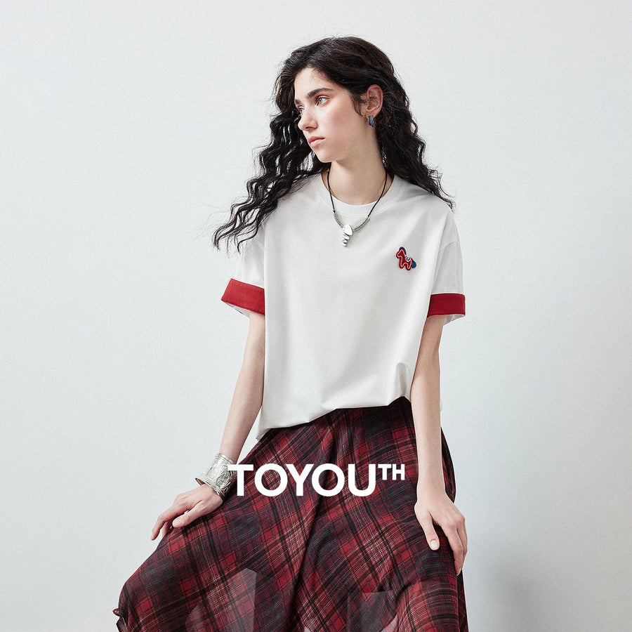 TOYOUTH Women's T Shirt 2026 Summer New Color Blocking Patchwork Short Sleeve Lyocell Pony Print Soft Unique Niche Top