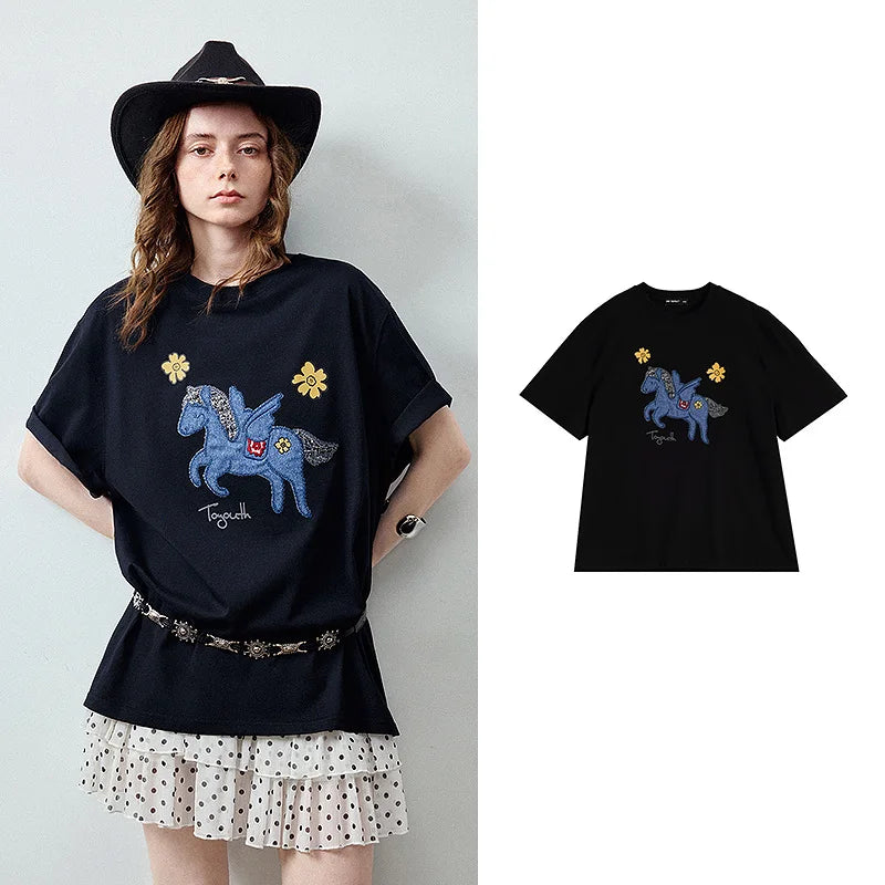 Camiseta Feminina de Algodão com Bordado Pônei Jeans
