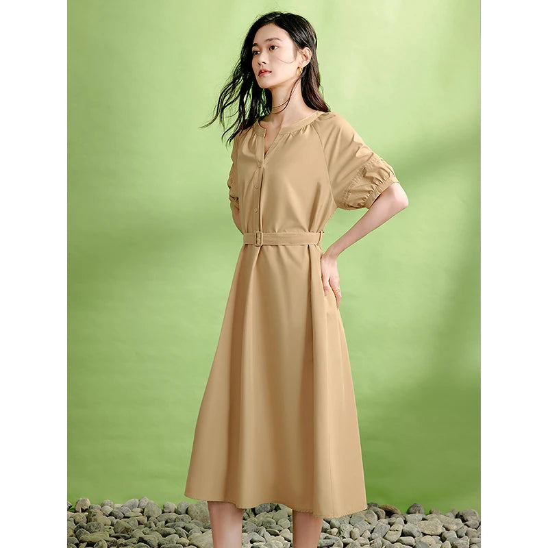 Vestido Midi com Decote V e Manga Bufante