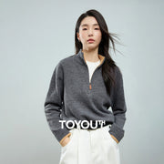Suéter Feminino Color Block com Zíper e Gola Alta