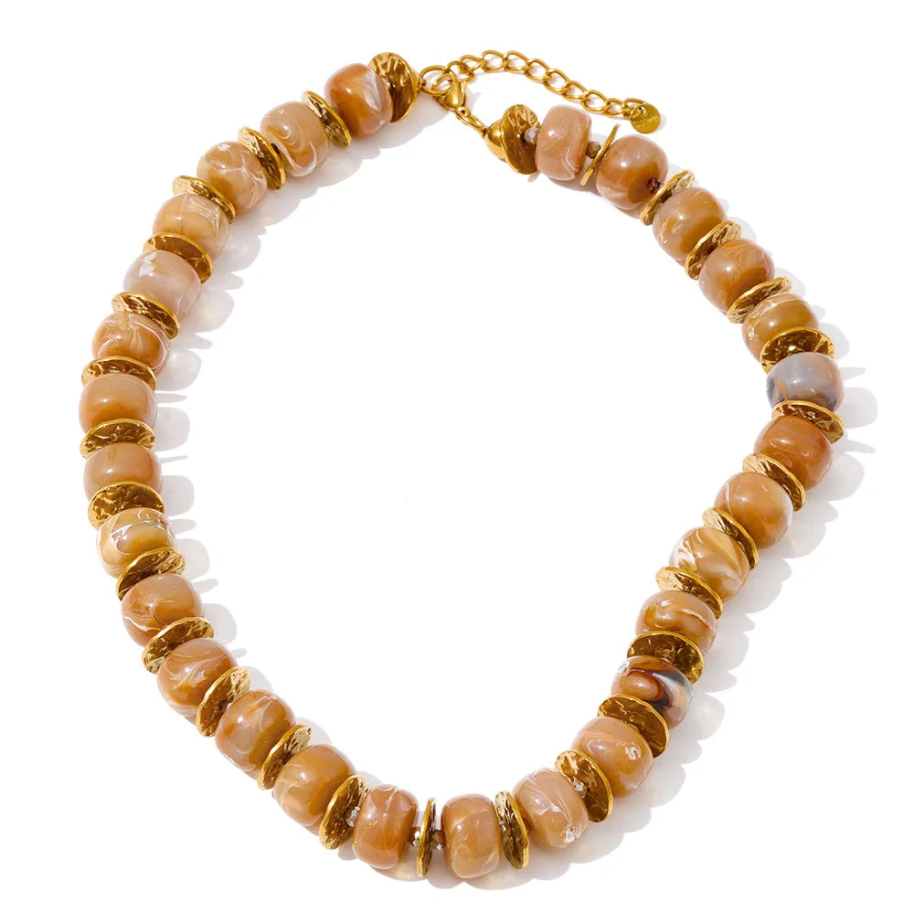 Yhpup Exclusive Resin Beads & Spacer Chain Handmade Statement Necklace 2025 Stainless Steel Waterproof Fashion Jewelry Gift YH6561A Coffee