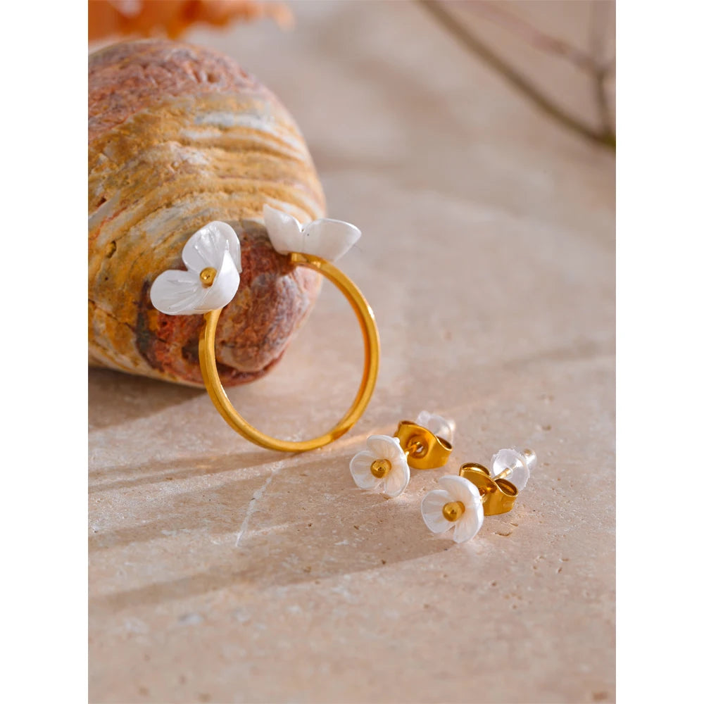 Yhpup Fairy Resin Flower Sweet Earrings Ring Stainless Steel Waterproof PVD Plated Rust Resistant Summer Fashion Jewelry