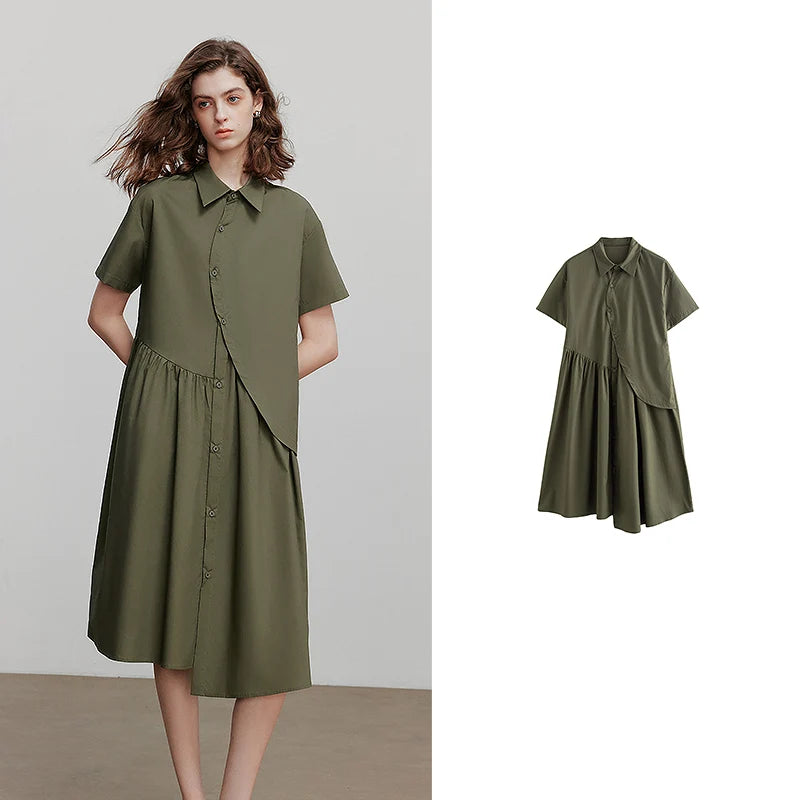 Vestido Chemise Midi de Liocel com Botões Army Green