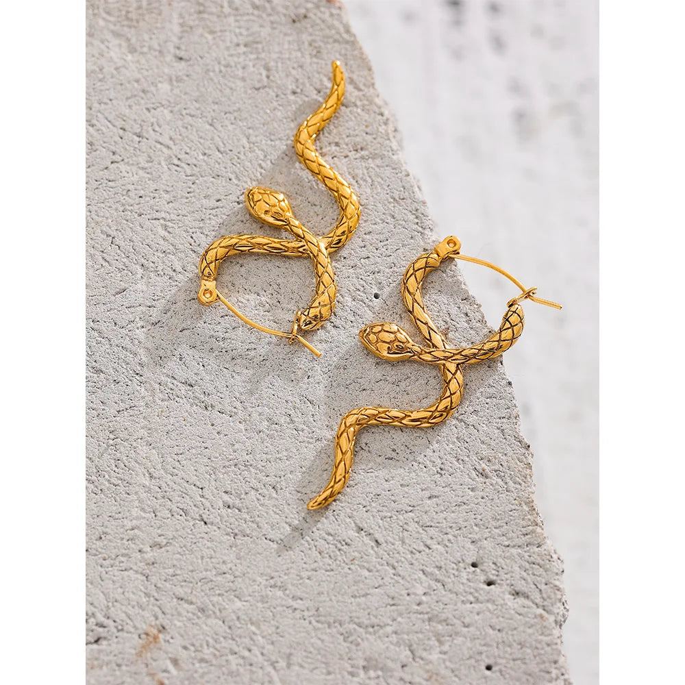 Yhpup Stylish Unique Stainless Steel Snake Unusual Hoop Earrings Statement Pvd Gold Color Texture Waterproof Charm Jewelry Women