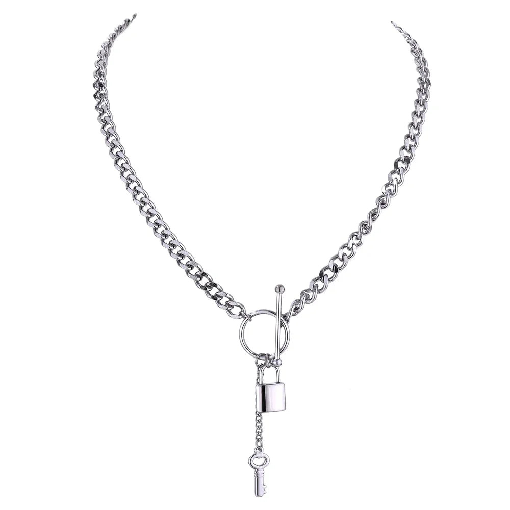 Yhpup Romantic Heart Lock Pendant Stainless Steel Necklace for Women Temperament Metal Texture 18 K Plated Choker Charm Jewelry YH1950A steel