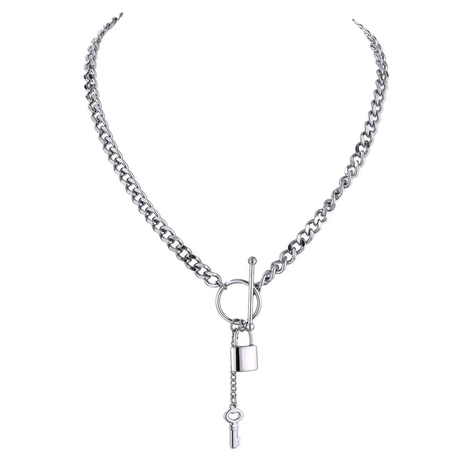 Yhpup Romantic Heart Lock Pendant Stainless Steel Necklace for Women Temperament Metal Texture 18 K Plated Choker Charm Jewelry YH1950A steel