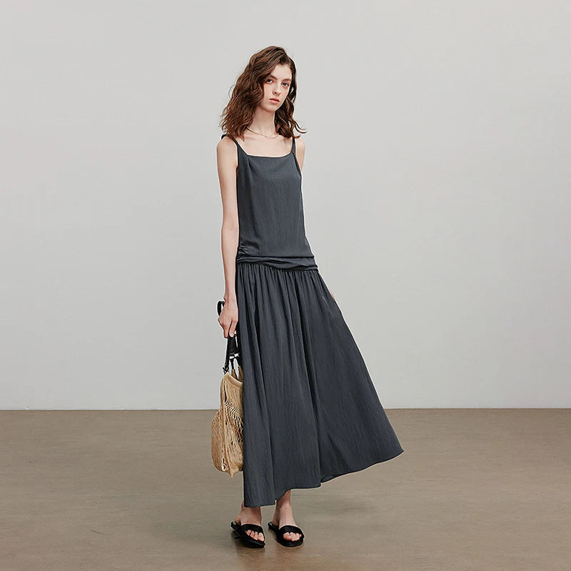 Vestido Midi de Viscose com Decote Quadrado e Pregas