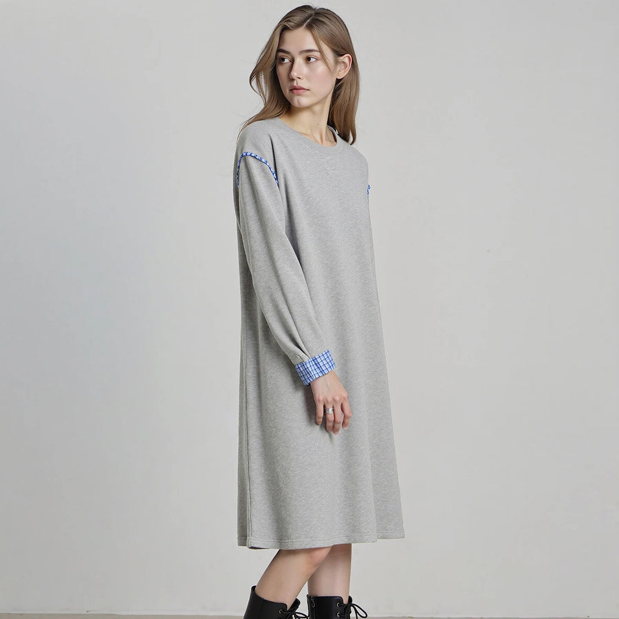 Vestido Moletom Midi Cinza com Xadrez e Forro Quente