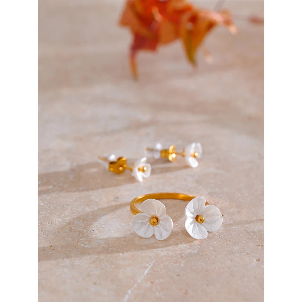 Yhpup Fairy Resin Flower Sweet Earrings Ring Stainless Steel Waterproof PVD Plated Rust Resistant Summer Fashion Jewelry