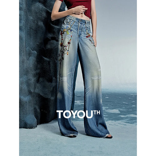 Calça Jeans Feminina Wide Leg Estampada em Liocel