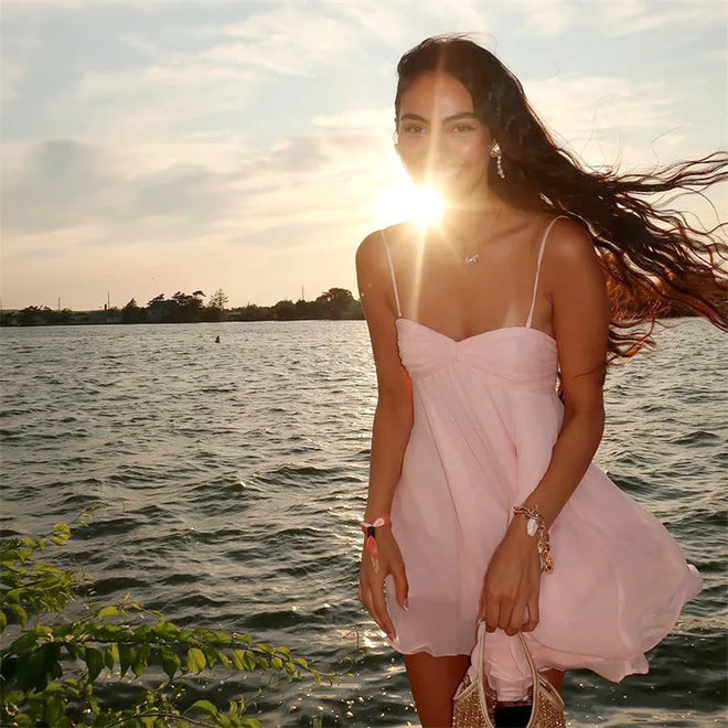Elegant Chiffon Loose Short Dresses Women's Simple Casual Strap Dress Summer Sundresses Pink Black Beach Holiday Vacation New
