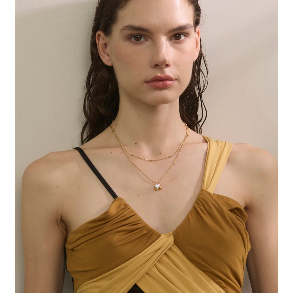 Colar Feminino de Camadas Gota com Zircônia em Aço Inoxidável 5