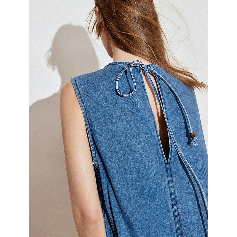 Vestido Jeans Midi Sem Manga com Amarração