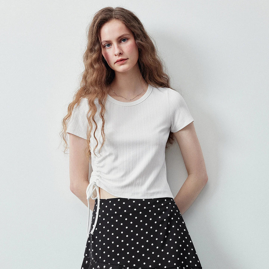 Camiseta Feminina Listrada Texturizada com Franzidos