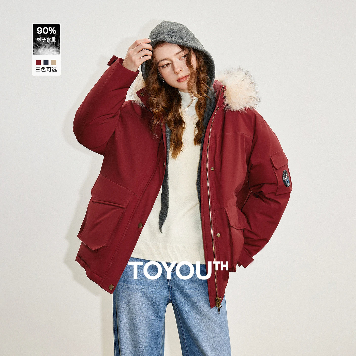 Jaqueta Puffer Feminina 90% Plumas com Capuz e Bolsos