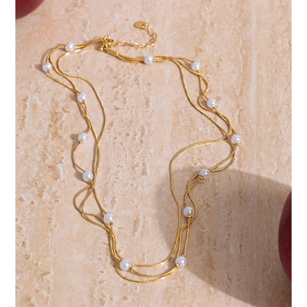 Colar Feminino de Camadas Quadrado com Pérola em Aço Inoxidável