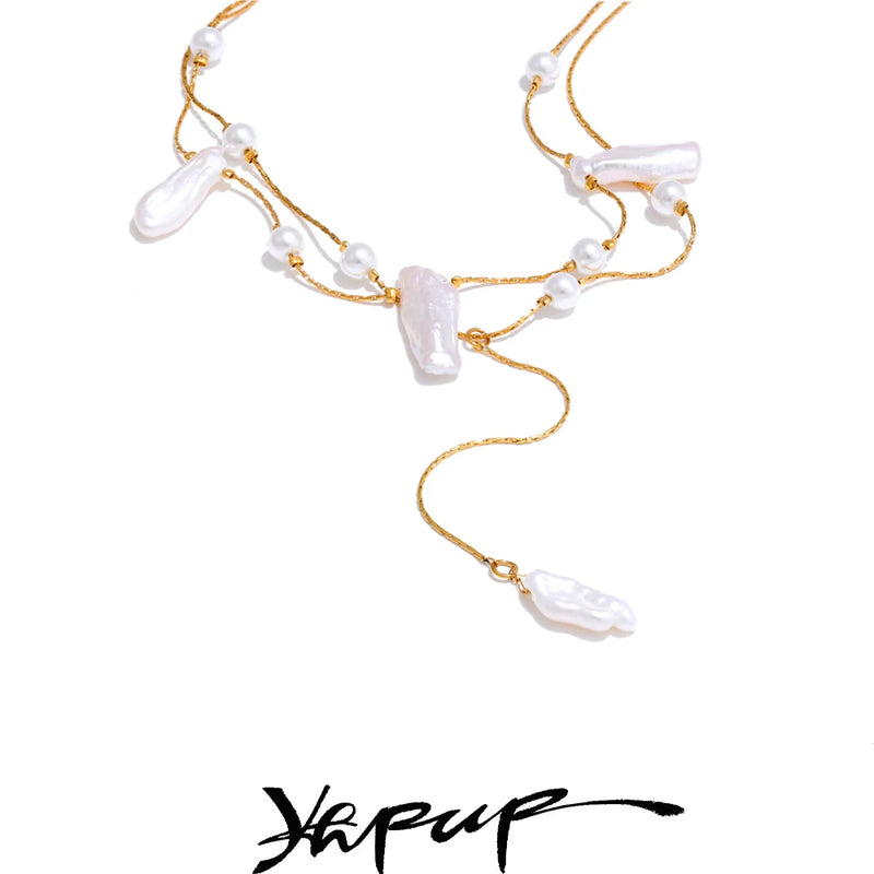 Colar Feminino de Camadas Gota com Pérola em Aço Inoxidável 2