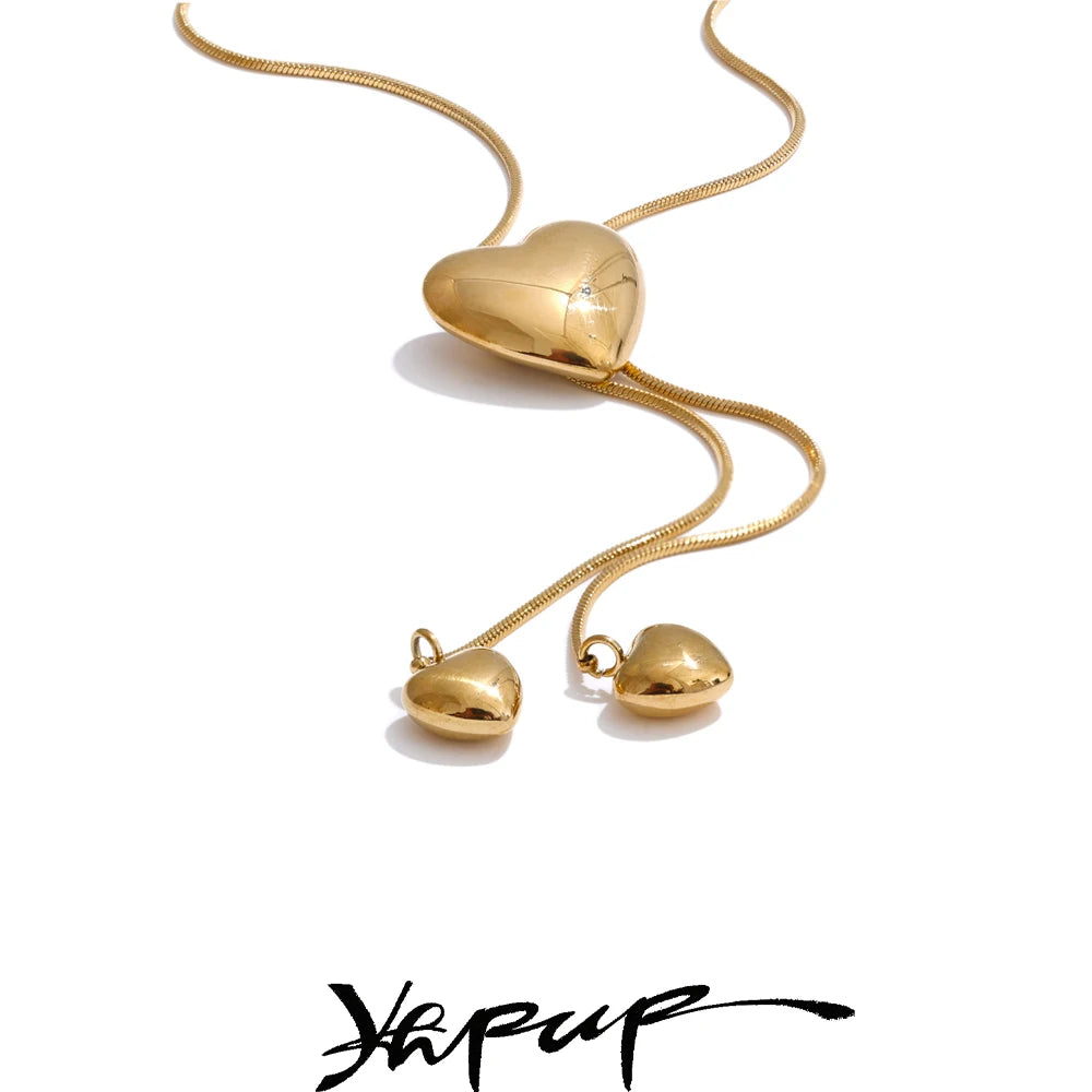 Yhpup Glossy Stainless Steel Heart Love Chain Long Drop Necklace High Quality Romantic Attractive Jewelry Gift