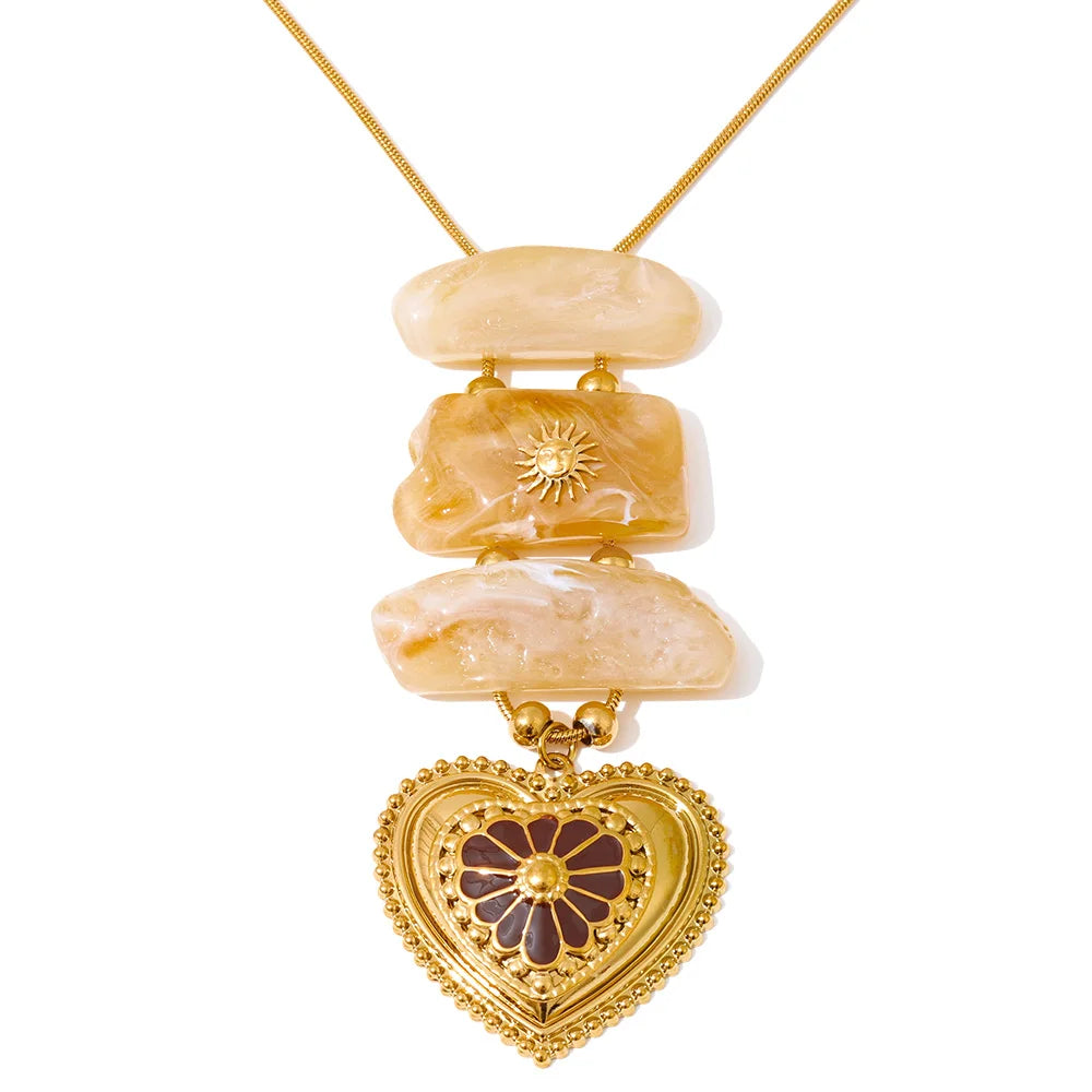 Yhpup Exclusive Resin Imitation Stone Rectangle Heart Pendant Necklace Stainless Steel Fashion Statement Jewelry Waterproof YH4329A