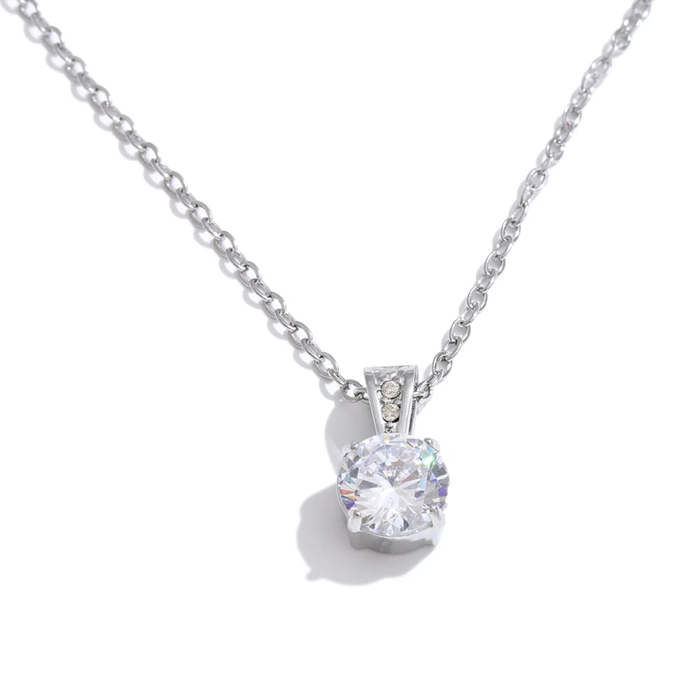 Yhpup Stainless Steel Square Cubic Zirconia Pendant Necklace for Women Korean Style Delicate Popular Daily Bling Jewelry Gift YH4005A Steel