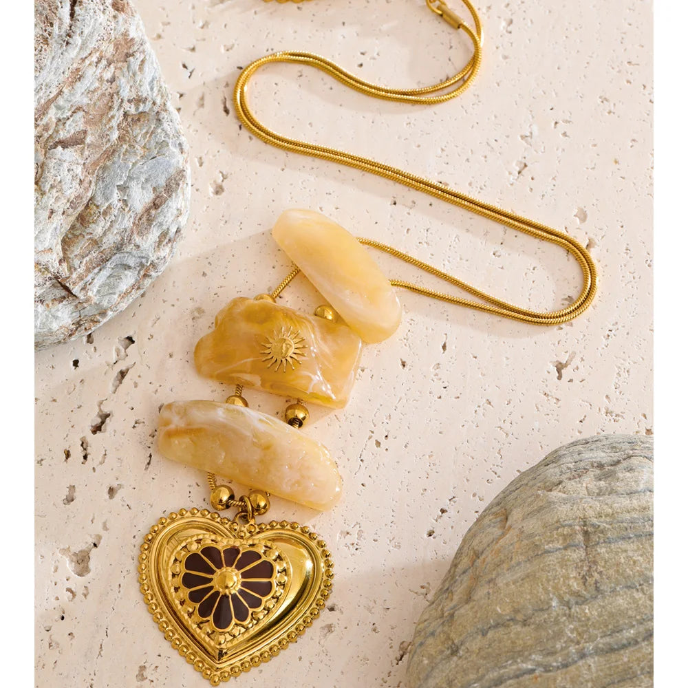 Yhpup Exclusive Resin Imitation Stone Rectangle Heart Pendant Necklace Stainless Steel Fashion Statement Jewelry Waterproof