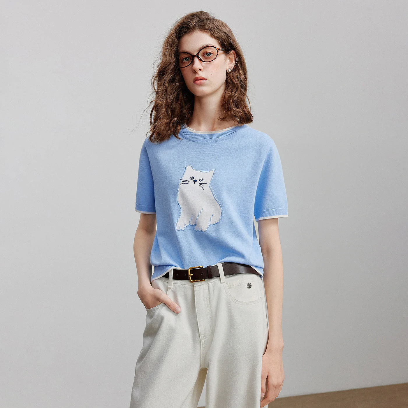 Blusa Feminina de Tricô Jacquard Gato Manga Curta