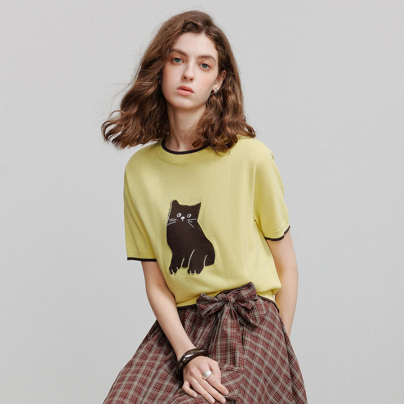 Blusa Feminina de Tricô Jacquard Gato Manga Curta