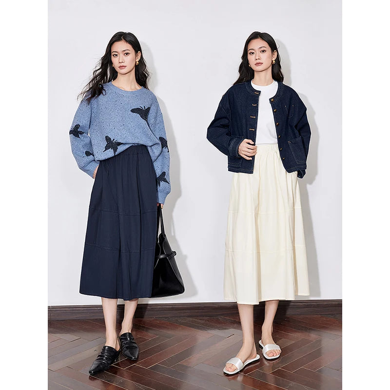 Saia Midi Feminina com Bolsos com Cós Elástico