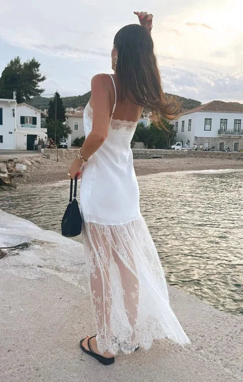 Sexy Lace Patchwork Long Dress Elegant Women's Satin Bow Casual Maxi Dresses White Summer Beach Trip Vacation Holiday 2026 New